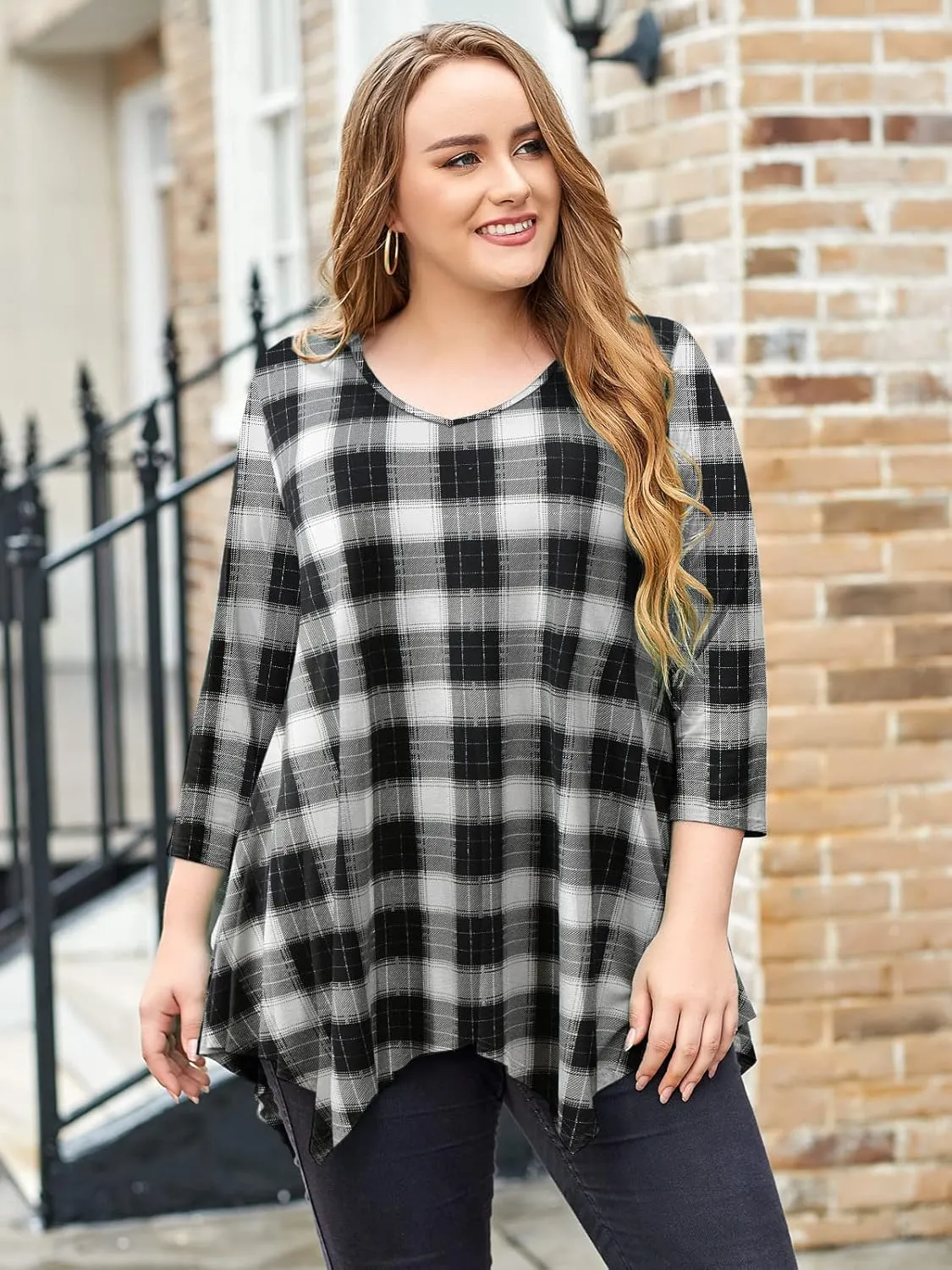 LARACE Plus Size Tops for Women Tunic Asymmetrical Dress Shirts 3/4 Sleeve V Neck Flowy Ladies Clothes for Leggings