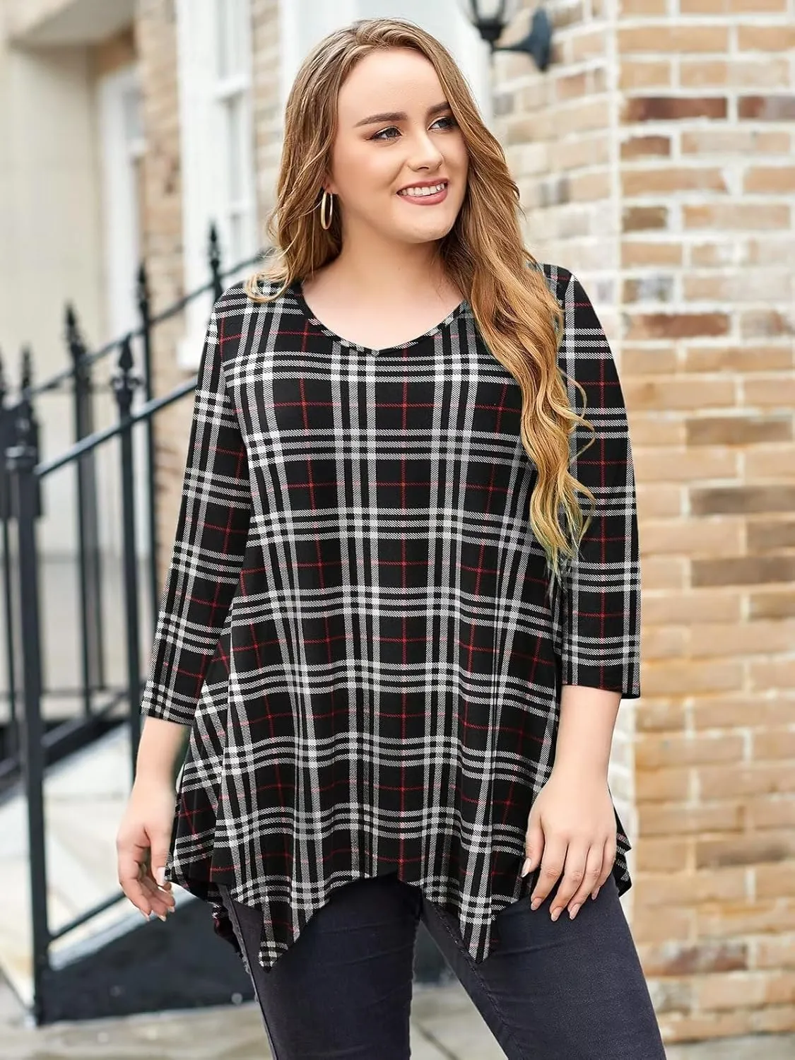 LARACE Plus Size Tops for Women Tunic Asymmetrical Dress Shirts 3/4 Sleeve V Neck Flowy Ladies Clothes for Leggings
