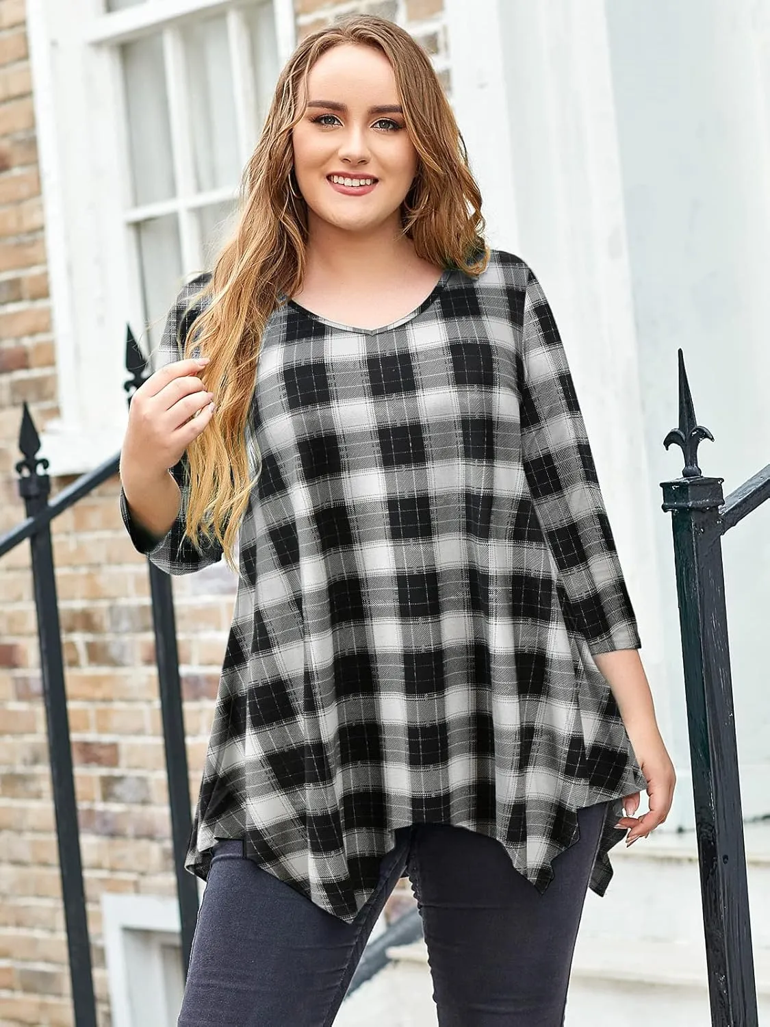 LARACE Plus Size Tops for Women Tunic Asymmetrical Dress Shirts 3/4 Sleeve V Neck Flowy Ladies Clothes for Leggings
