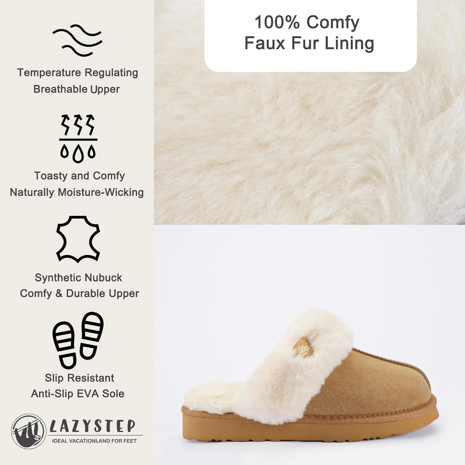 LazyStep Women's Fuzzy House Slippers, Slip on Warm Indoor and Outdoor House Shoes