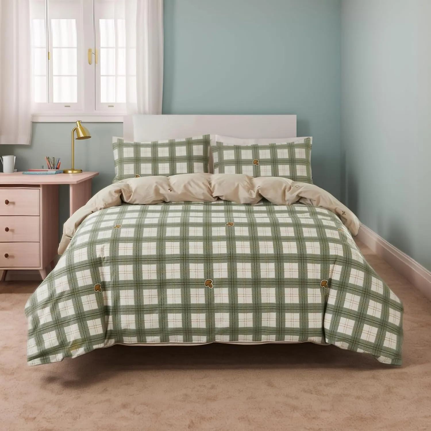 Lemfux Gingham Duvet Cover Queen 3 Pieces Cotton Sage Green Gingham Checkered Duvet Covers Girls Boys Light Green Plaid 1 x Queen Duvet Cover 90" x 90'' and 2 x Standard Pillowcases 20" x 30"
