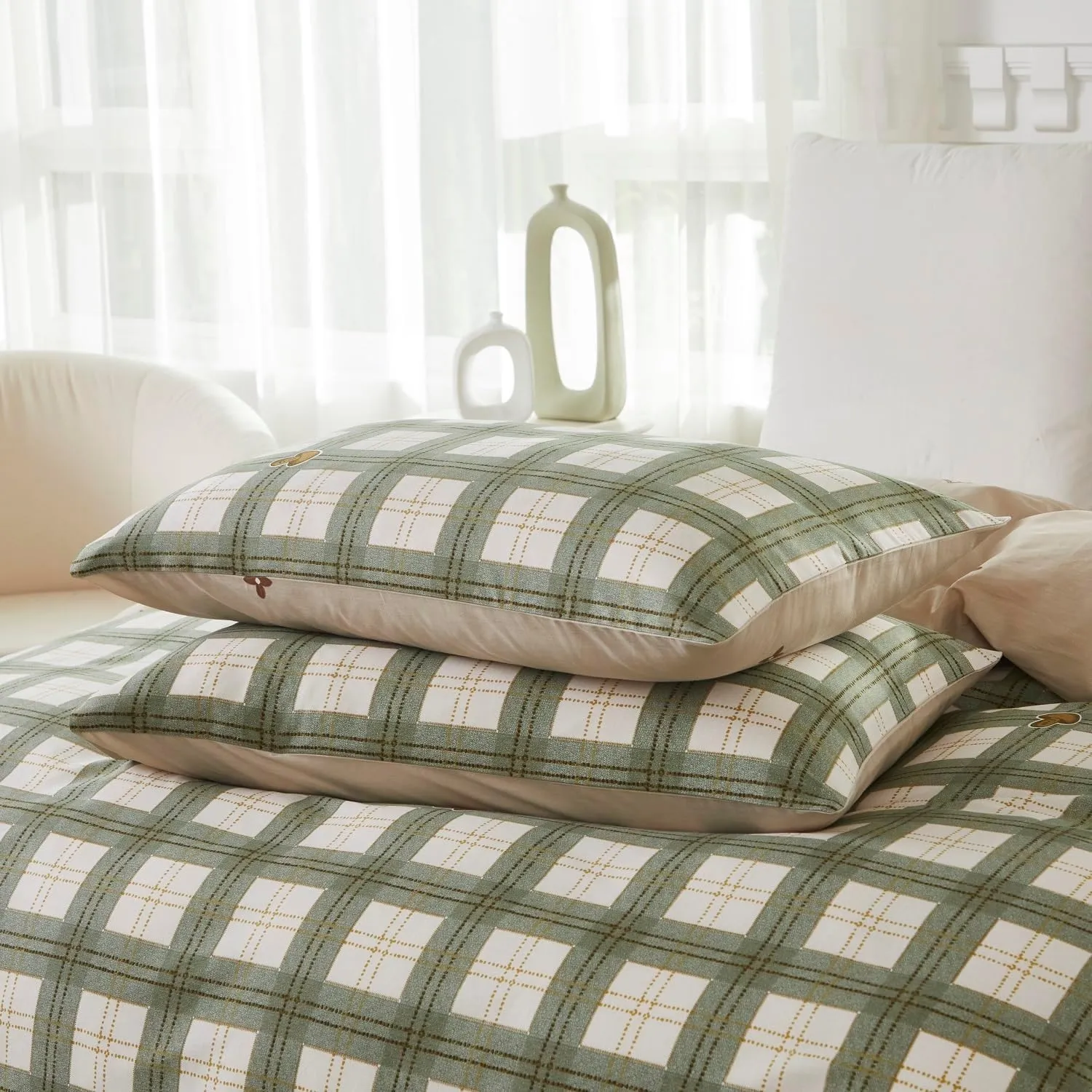 Lemfux Gingham Duvet Cover Queen 3 Pieces Cotton Sage Green Gingham Checkered Duvet Covers Girls Boys Light Green Plaid 1 x Queen Duvet Cover 90" x 90'' and 2 x Standard Pillowcases 20" x 30"