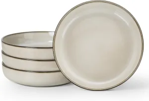 LIANYU Stoneware Pasta Bowls, 37oz Large Salad Pasta Bowl Set of 4 for Home, Wide and Shallow Ceramic Plate Bowls for Serving Soup, Dinner, Microwave & Dishwasher Safe, Sandy Beige