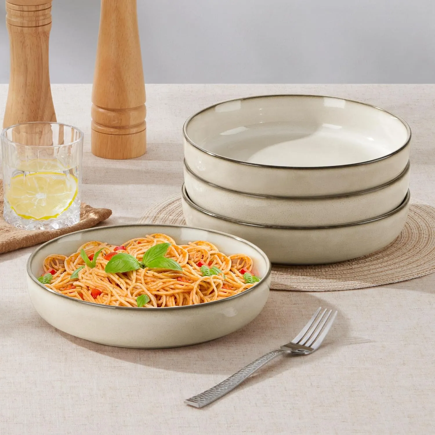 LIANYU Stoneware Pasta Bowls, 37oz Large Salad Pasta Bowl Set of 4 for Home, Wide and Shallow Ceramic Plate Bowls for Serving Soup, Dinner, Microwave & Dishwasher Safe, Sandy Beige