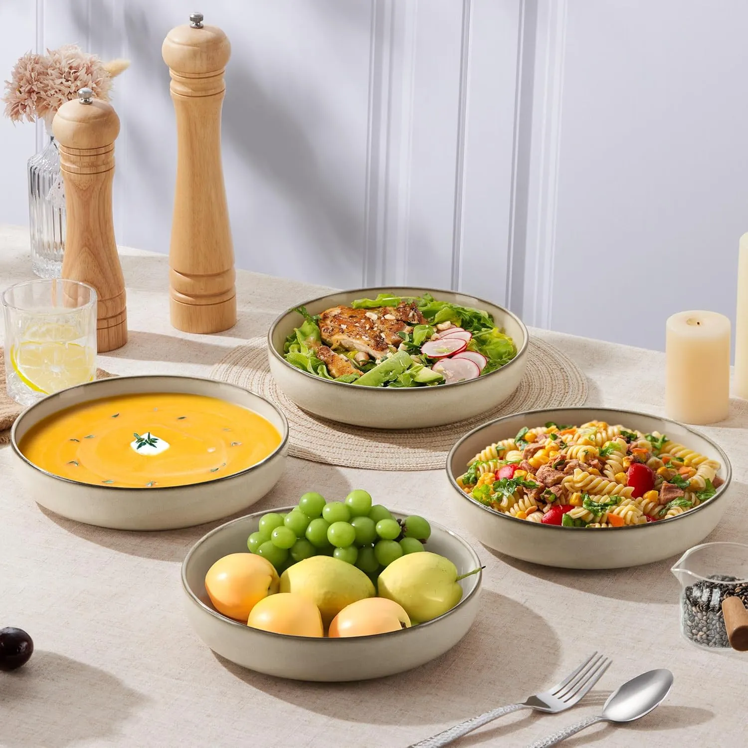 LIANYU Stoneware Pasta Bowls, 37oz Large Salad Pasta Bowl Set of 4 for Home, Wide and Shallow Ceramic Plate Bowls for Serving Soup, Dinner, Microwave & Dishwasher Safe, Sandy Beige