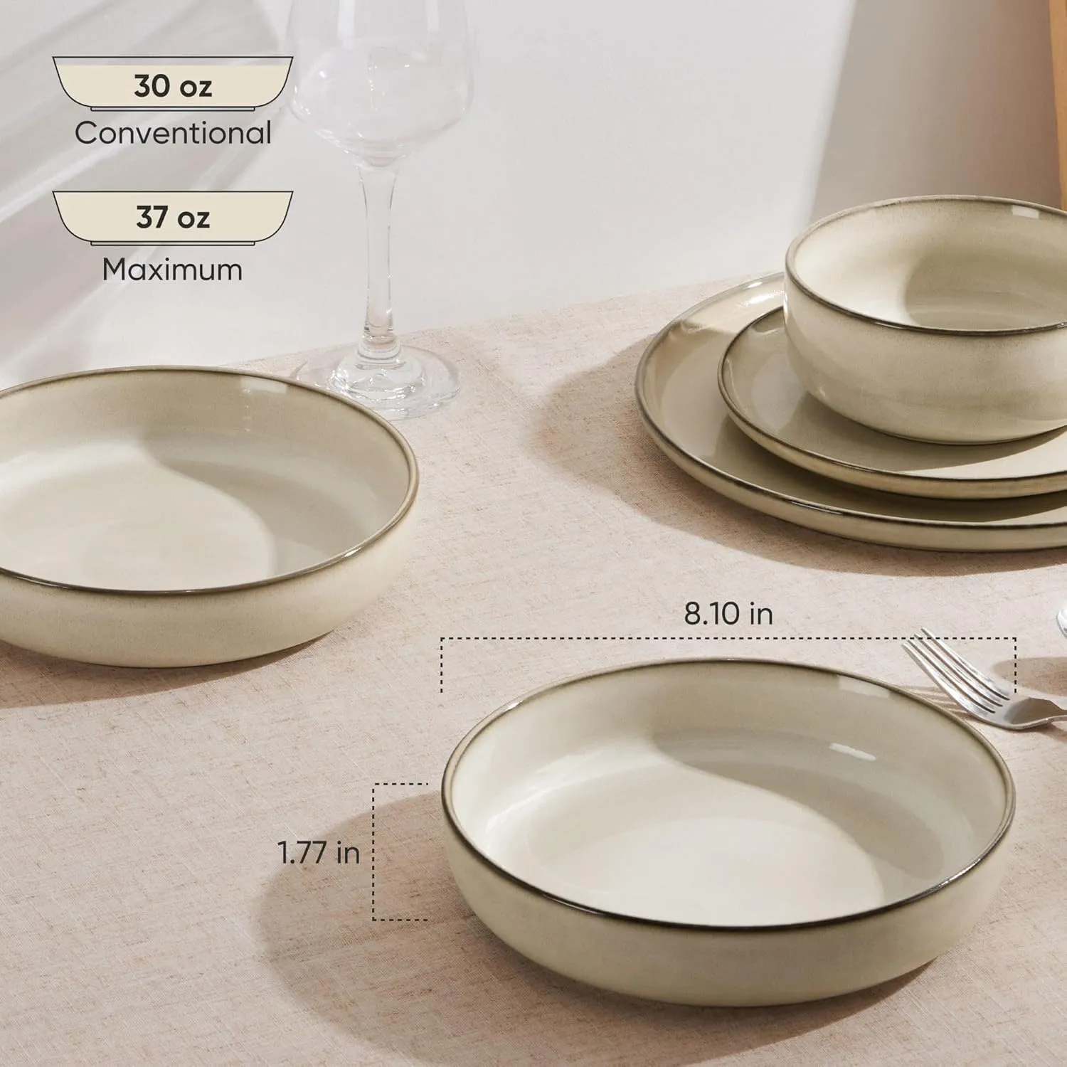 LIANYU Stoneware Pasta Bowls, 37oz Large Salad Pasta Bowl Set of 4 for Home, Wide and Shallow Ceramic Plate Bowls for Serving Soup, Dinner, Microwave & Dishwasher Safe, Sandy Beige
