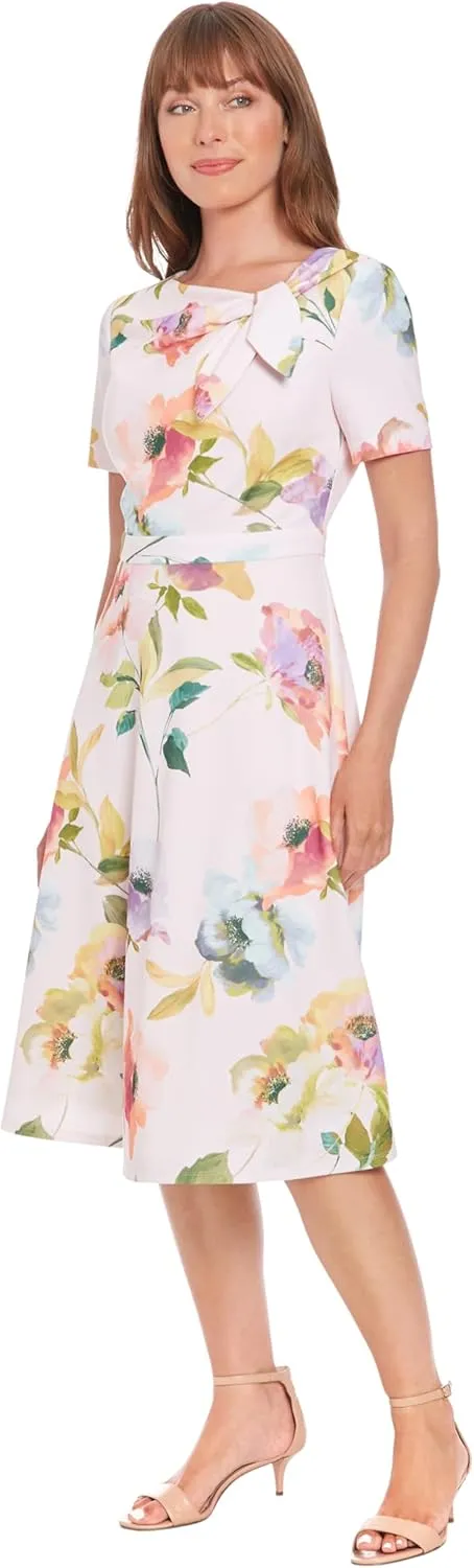 London Times Women's A-line Midi Short Sleeve Fitted Waist with Bow Detail-Versatile Floral Dresses