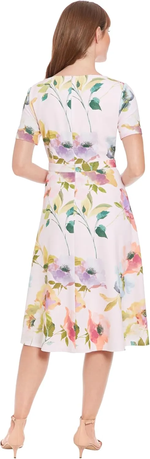 London Times Women's A-line Midi Short Sleeve Fitted Waist with Bow Detail-Versatile Floral Dresses