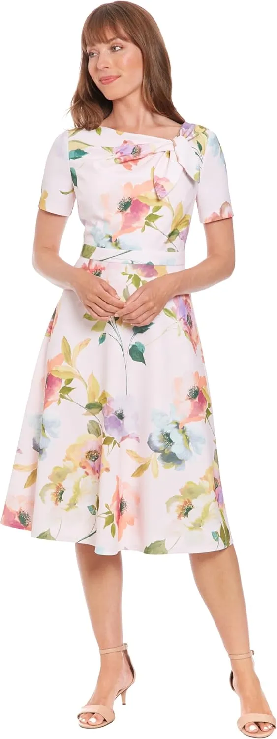 London Times Women's A-line Midi Short Sleeve Fitted Waist with Bow Detail-Versatile Floral Dresses