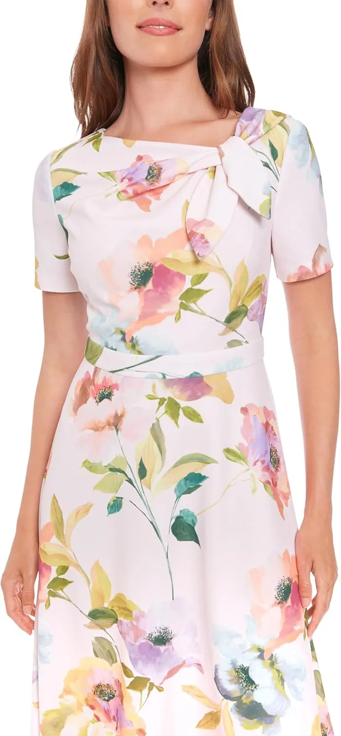 London Times Women's A-line Midi Short Sleeve Fitted Waist with Bow Detail-Versatile Floral Dresses
