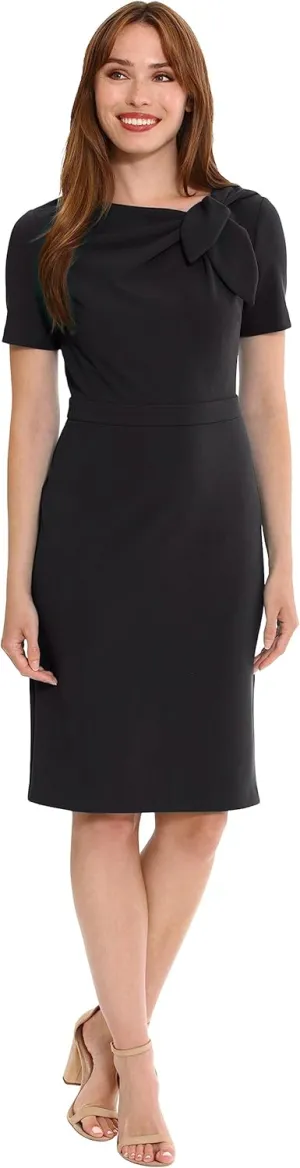 London Times Women's Boat Neck Side Tie Short Sleeve Knee Length-Cocktail Party Summer Dress with Bow Detail