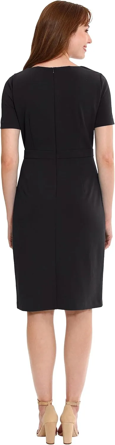 London Times Women's Boat Neck Side Tie Short Sleeve Knee Length-Cocktail Party Summer Dress with Bow Detail