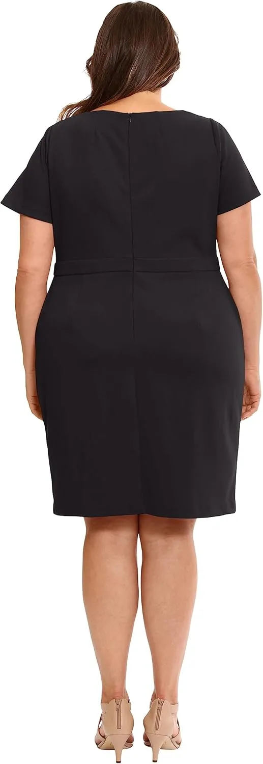 London Times Women's Boat Neck Side Tie Short Sleeve Knee Length-Cocktail Party Summer Dress with Bow Detail