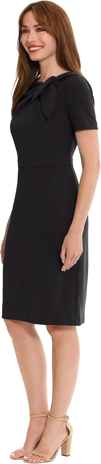 London Times Women's Boat Neck Side Tie Short Sleeve Knee Length-Cocktail Party Summer Dress with Bow Detail
