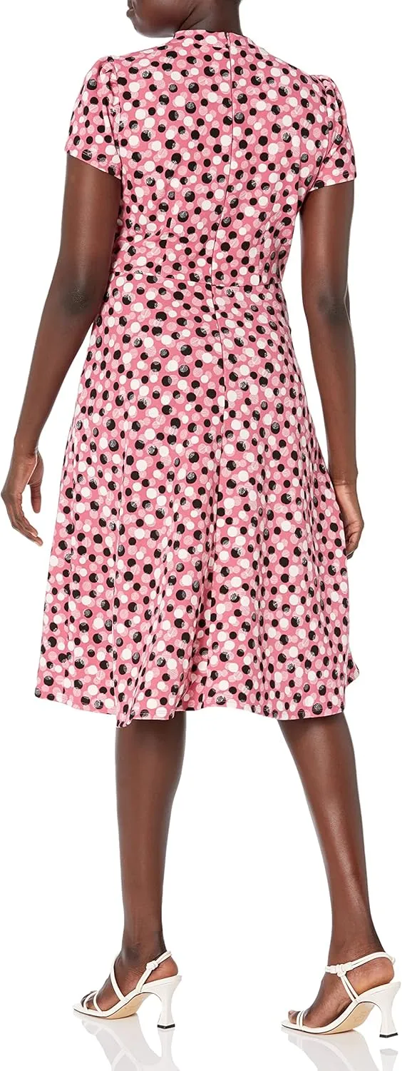 London Times Women's Petite Polished Crepe Tie Neck A-line Dress