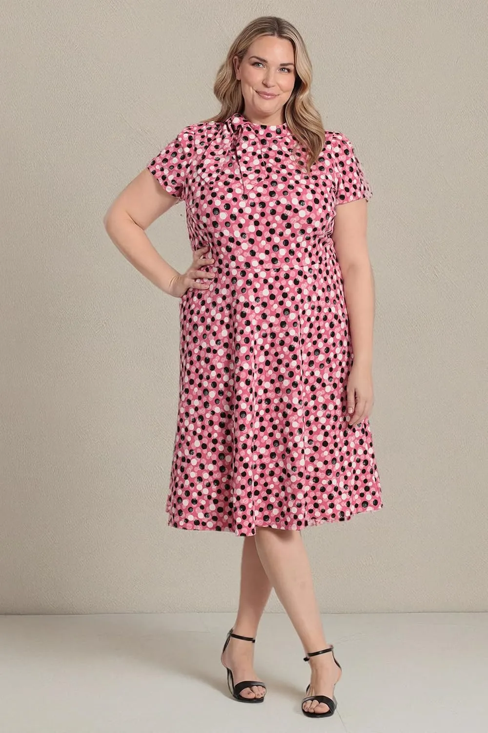 London Times Women's Petite Polished Crepe Tie Neck A-line Dress