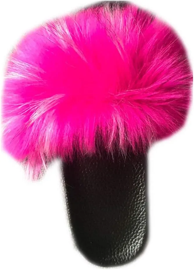 LSWJS QMFUR Women's Vegan Faux Fur Slippers Fuzzy Slides Fluffy Sandals Open Toe Indoor Outdoor (Rose-1, adult, women, numeric_9, numeric, us_footwear_size_system, medium)