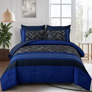 Luxudecor Blue Comforter Set Queen Size, 7 Pieces Stripe Geometric Bed in a Bag, Geometric Comforter and Sheet Set, Soft Microfiber Complete Bedding Sets for All Seasons