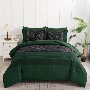 Luxudecor Emerald Green Comforter Set Queen Size, 7 Pieces Stripe Geometric Bed in a Bag, Soft Microfiber Forest Green Comforter and Sheet Set Complete Bedding Sets for All Seasons 90"×90"