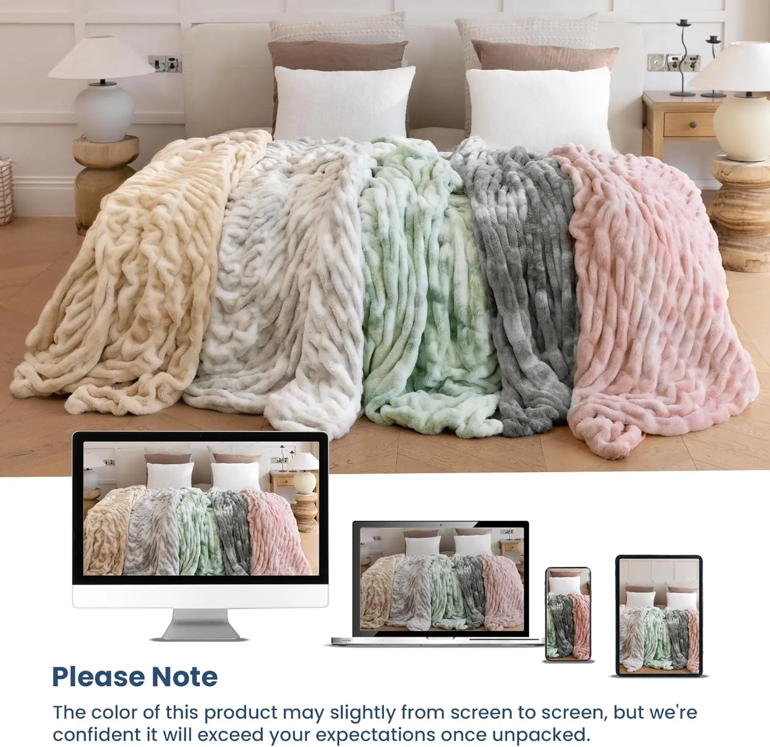 Luxury Faux Fur Blanket with Stretch Ruched Design, Cozy Faux Fur Twin Blanket, 60x80 Inches, Light Grey - Soft Plush Blanket for Bed, Couch, and Home Decor