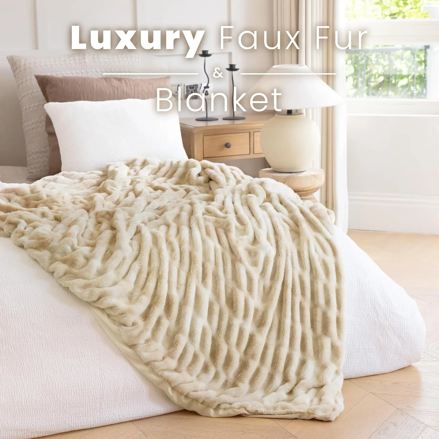 Luxury Faux Fur Throw Blanket with Stretch Ruched Design, Cozy Faux Fur Blanket, 50x60 Inches, Light Camel - Soft Plush Blanket for Bed, Couch, Gifts for Women and Girls, and Home Decor