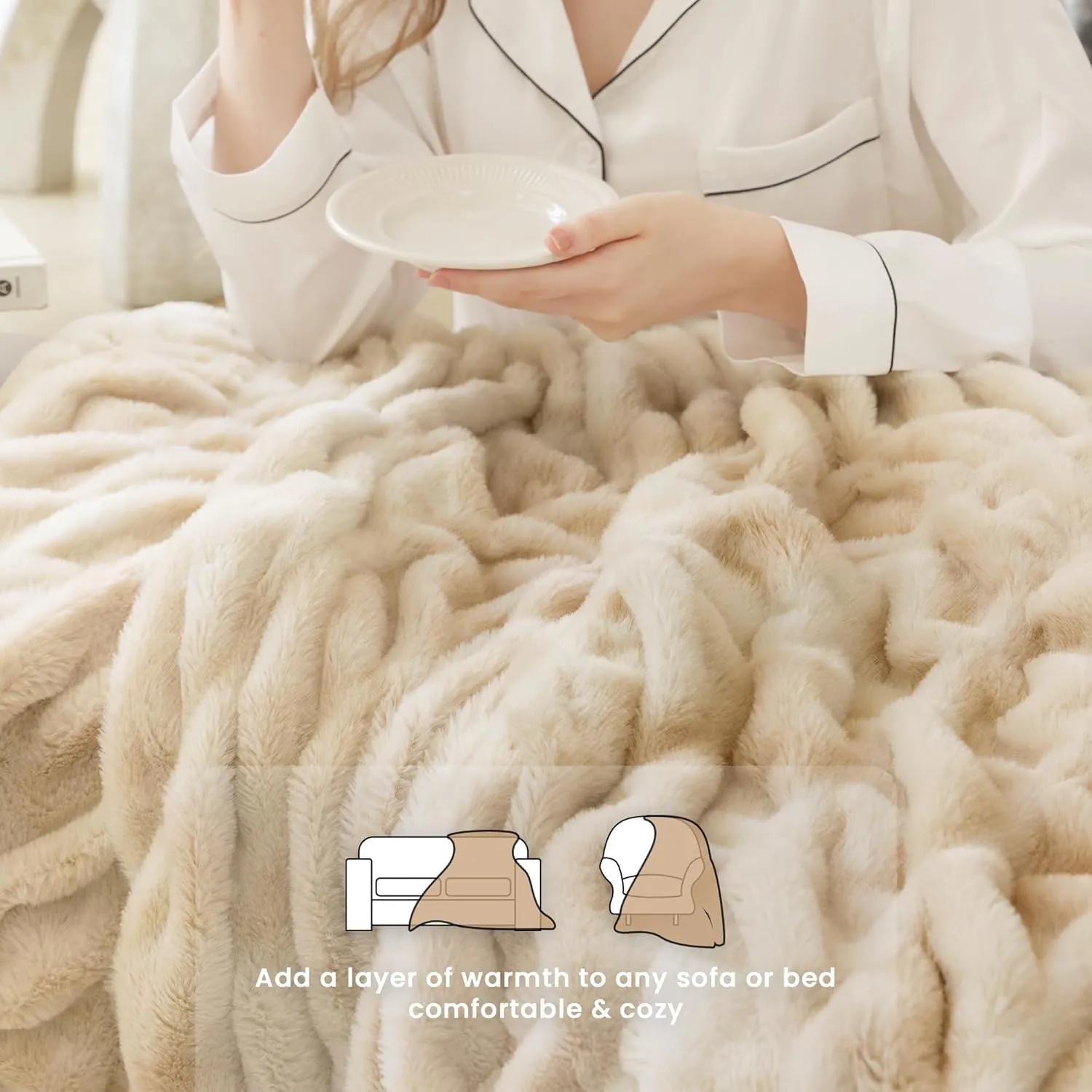 Luxury Faux Fur Throw Blanket with Stretch Ruched Design, Cozy Faux Fur Blanket, 50x60 Inches, Light Camel - Soft Plush Blanket for Bed, Couch, Gifts for Women and Girls, and Home Decor