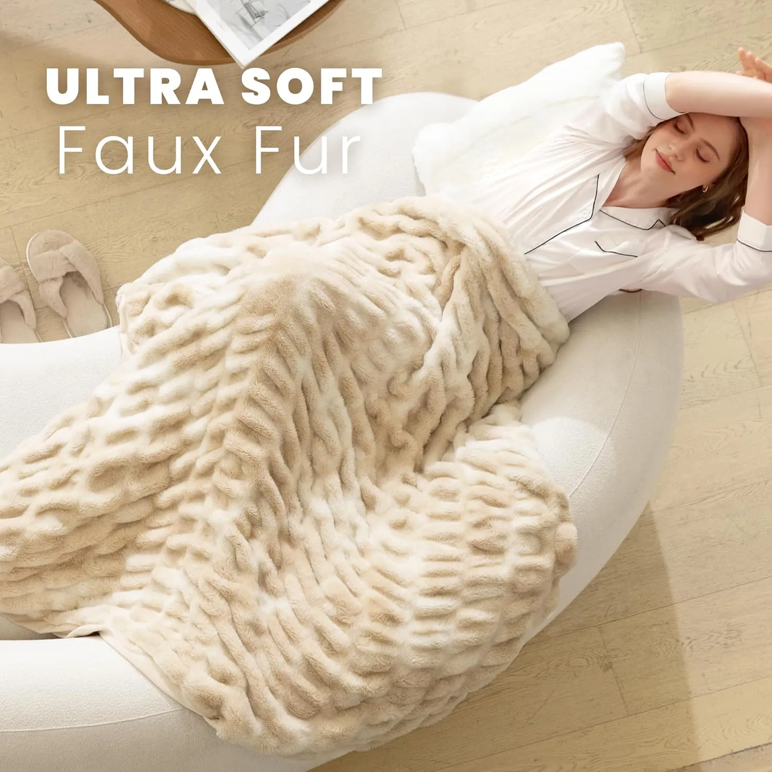 Luxury Faux Fur Throw Blanket with Stretch Ruched Design, Cozy Faux Fur Blanket, 50x60 Inches, Light Camel - Soft Plush Blanket for Bed, Couch, Gifts for Women and Girls, and Home Decor