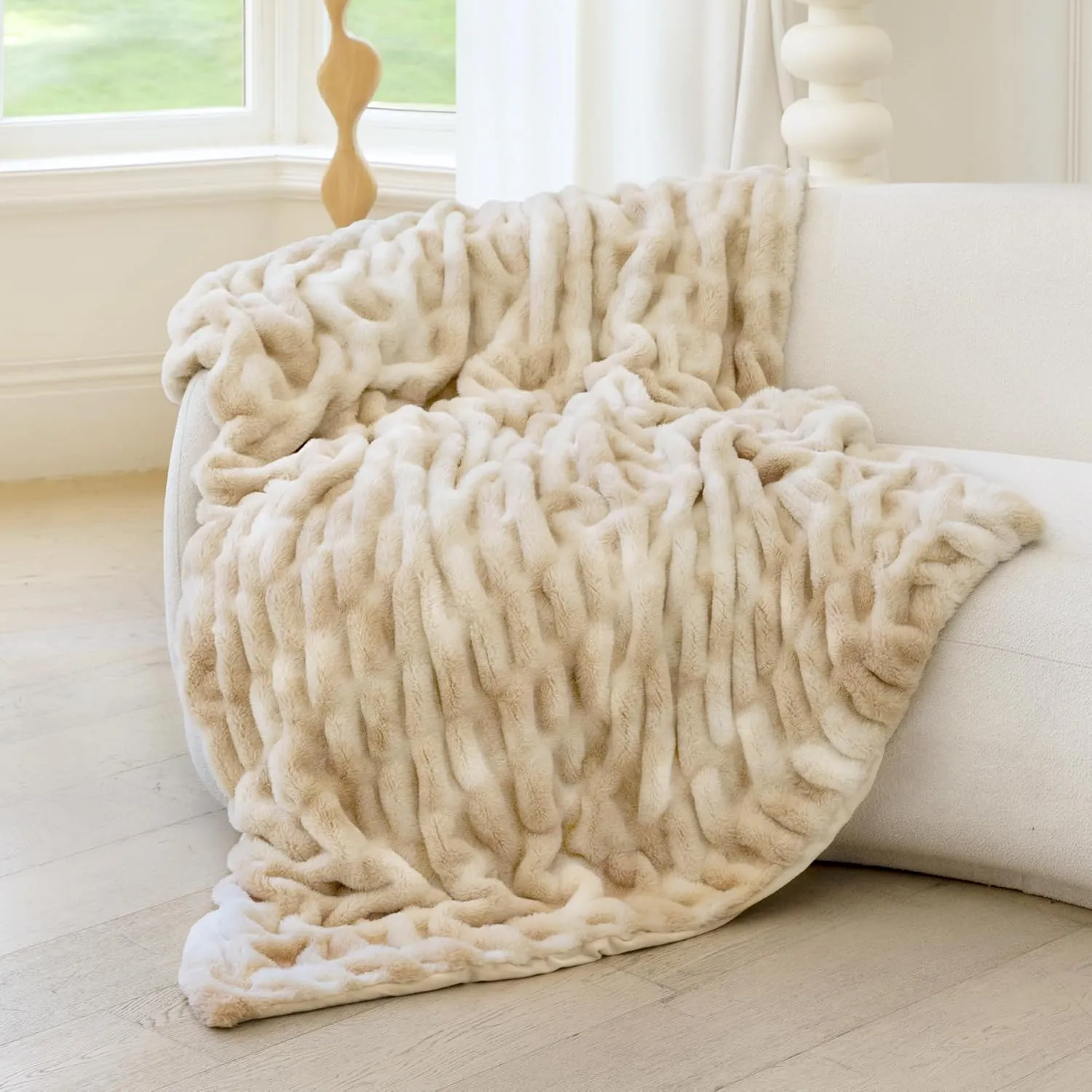 Luxury Faux Fur Throw Blanket with Stretch Ruched Design, Cozy Faux Fur Blanket, 50x60 Inches, Light Camel - Soft Plush Blanket for Bed, Couch, Gifts for Women and Girls, and Home Decor