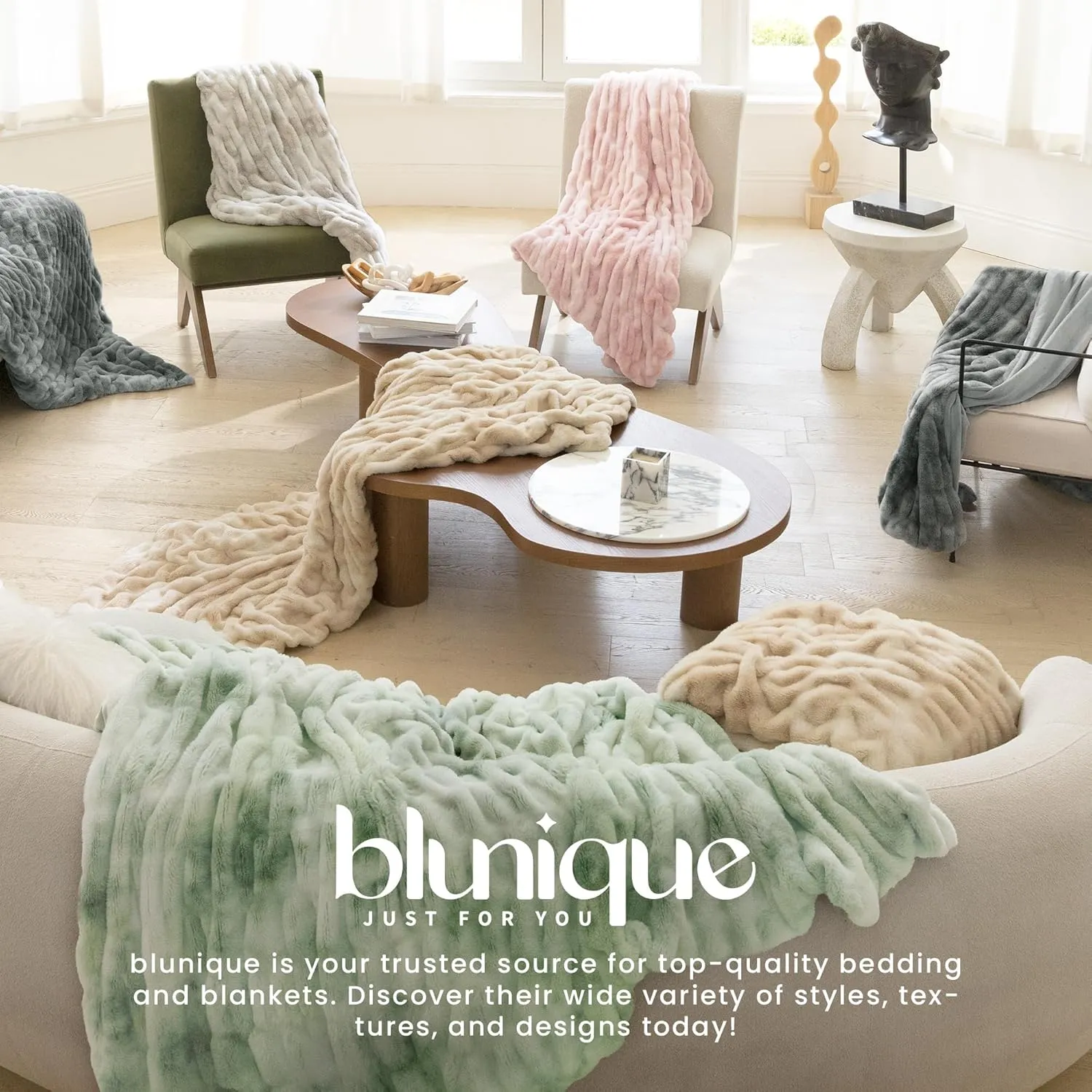 Luxury Faux Fur Throw Blanket with Stretch Ruched Design, Cozy Faux Fur Blanket, 50x60 Inches, Light Camel - Soft Plush Blanket for Bed, Couch, Gifts for Women and Girls, and Home Decor