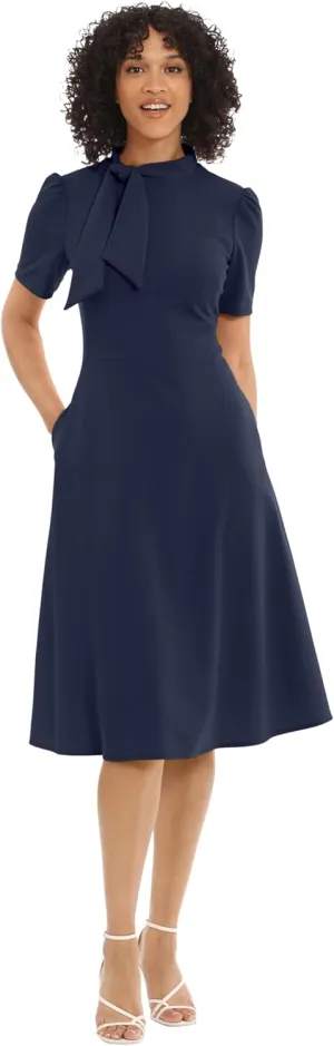 Maggy London Women's Crepe Fabric Flight Attendant Bow Neck Tie Short Sleeve A-line