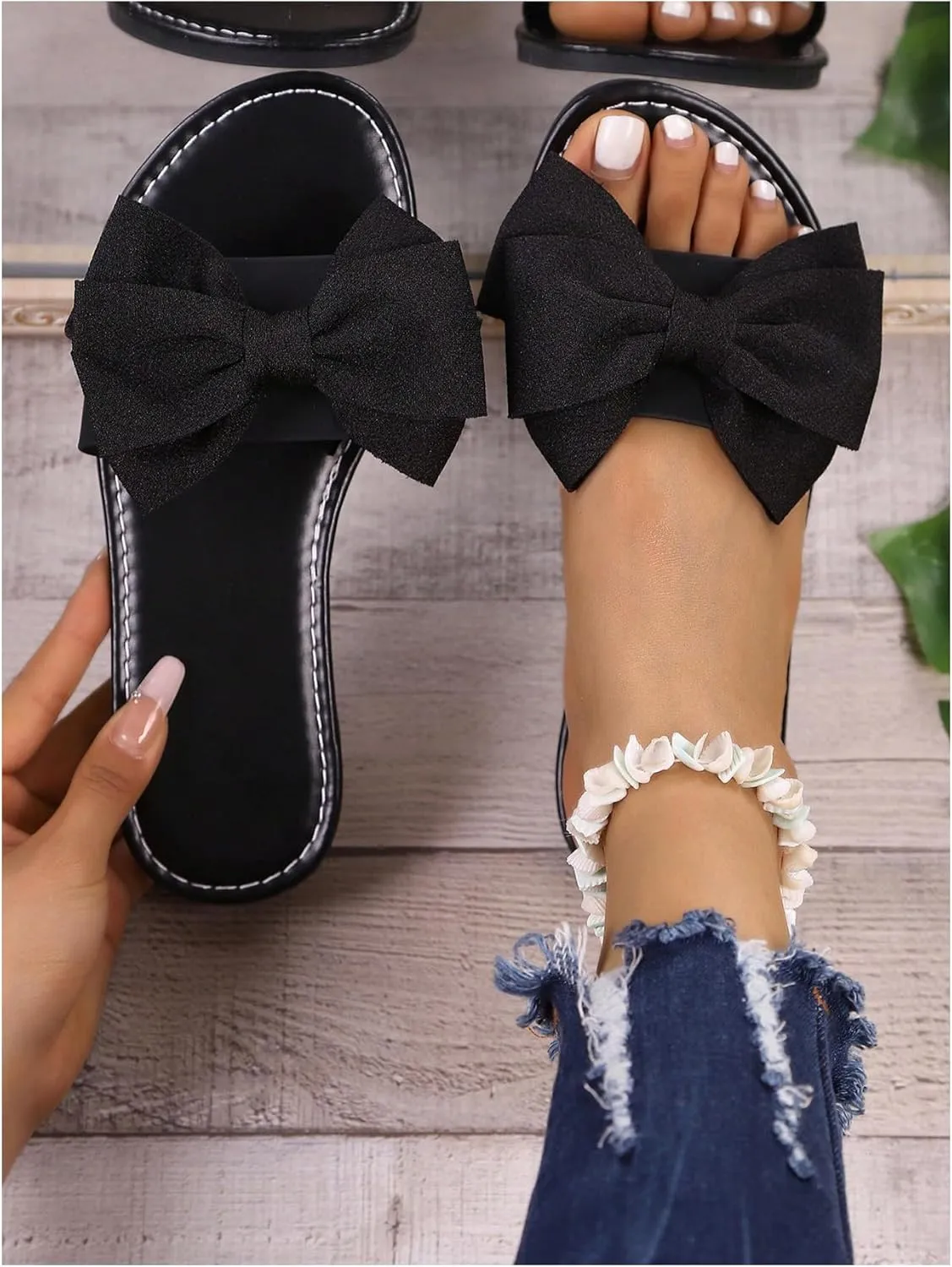 MakeMeChic Women's Bow Sandals Summer Beach Cute Flats Slides Slippers
