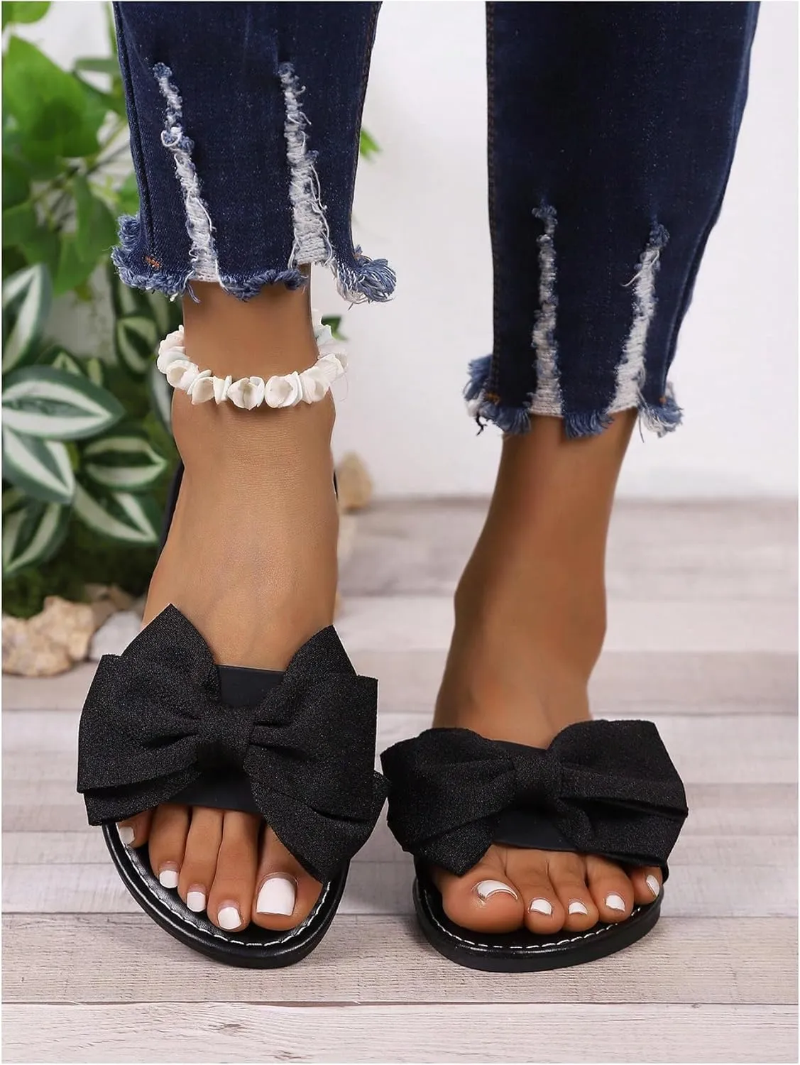 MakeMeChic Women's Bow Sandals Summer Beach Cute Flats Slides Slippers