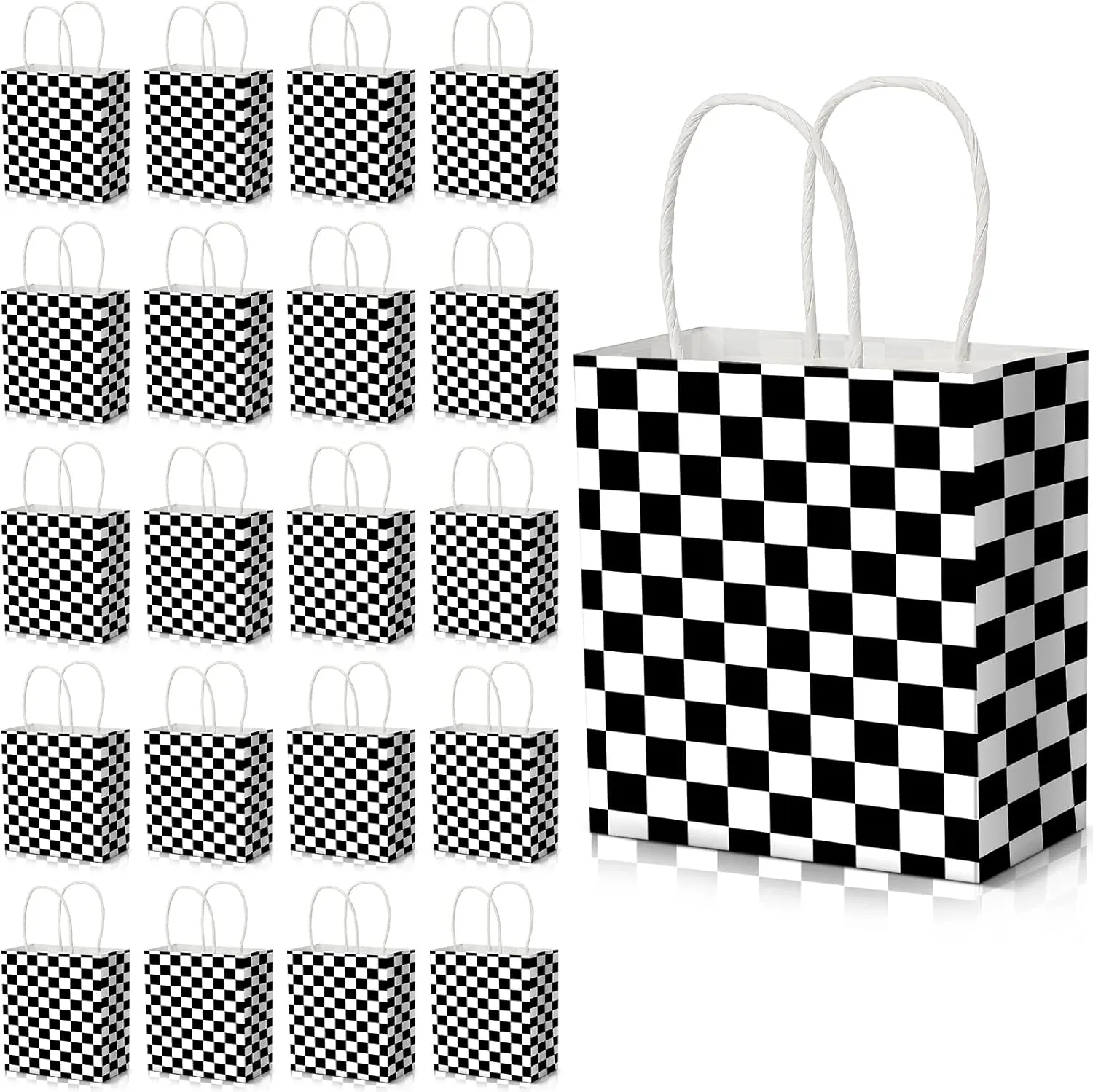 Marspark 24 Pcs Checkered Racing Treat Bags Black and White Race Car Party Favors Bags Checkered Goodie Candy Gift Flag Themed with Handles for Birthday Party Supplies Decorations