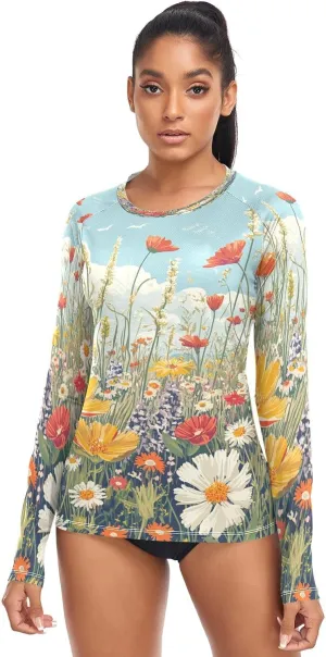 Meadow Field Women's UPF 50  Rash Guard with Long Sleeve Sun Protection Lightweight Swim Shirt for Hiking Workout Yoga Gym Large