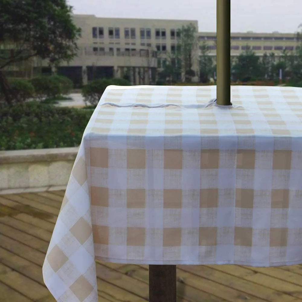 Melaluxe Spring/Summer Wrinkle-Free Waterproof Outdoor Tablecloth with Umbrella Hole and Zipper, Beige Checkered, 60 Inch Square
