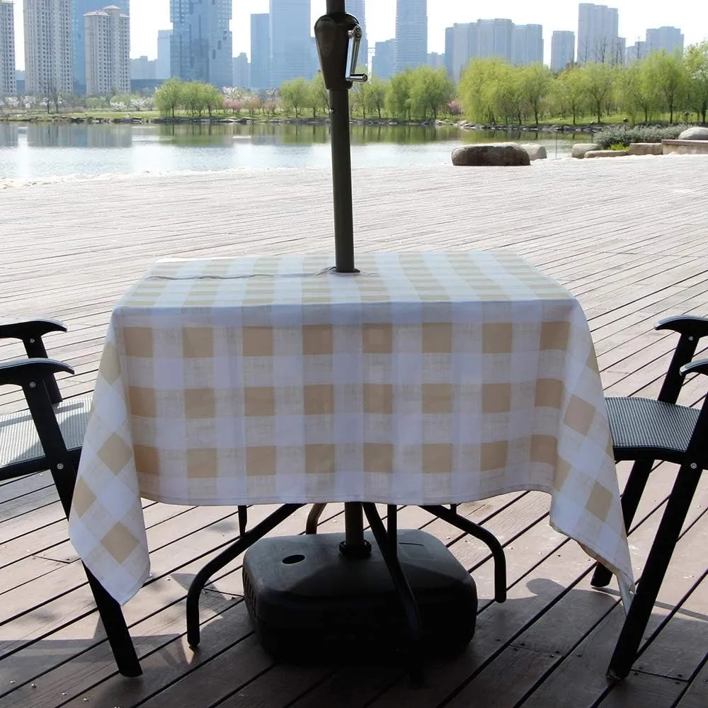 Melaluxe Spring/Summer Wrinkle-Free Waterproof Outdoor Tablecloth with Umbrella Hole and Zipper, Beige Checkered, 60 Inch Square