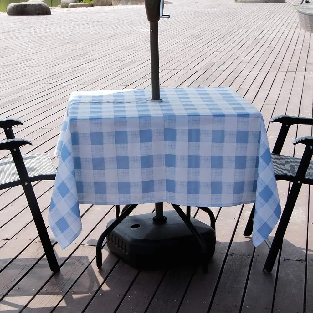 Melaluxe Spring/Summer Wrinkle-Free Waterproof Outdoor Tablecloth with Umbrella Hole and Zipper, Blue Checkered, 60 Inch Square