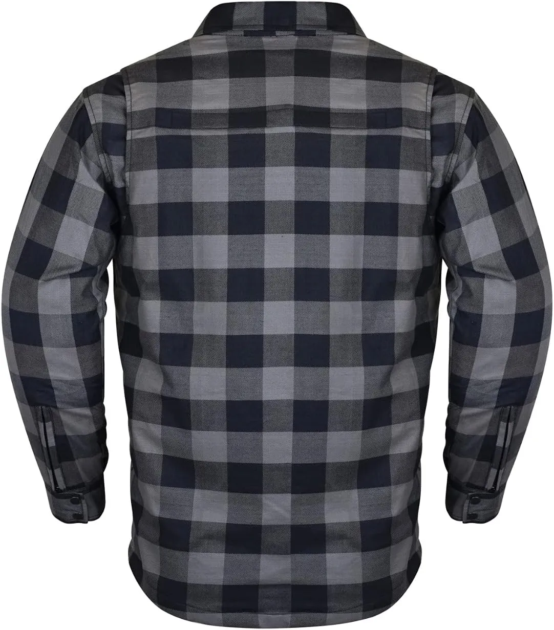 Mens Armored Checkered Flannel Biker Shirt, Multiple Waterproof Storage Pockets CE Approved Armor Reinforced Water Resistant