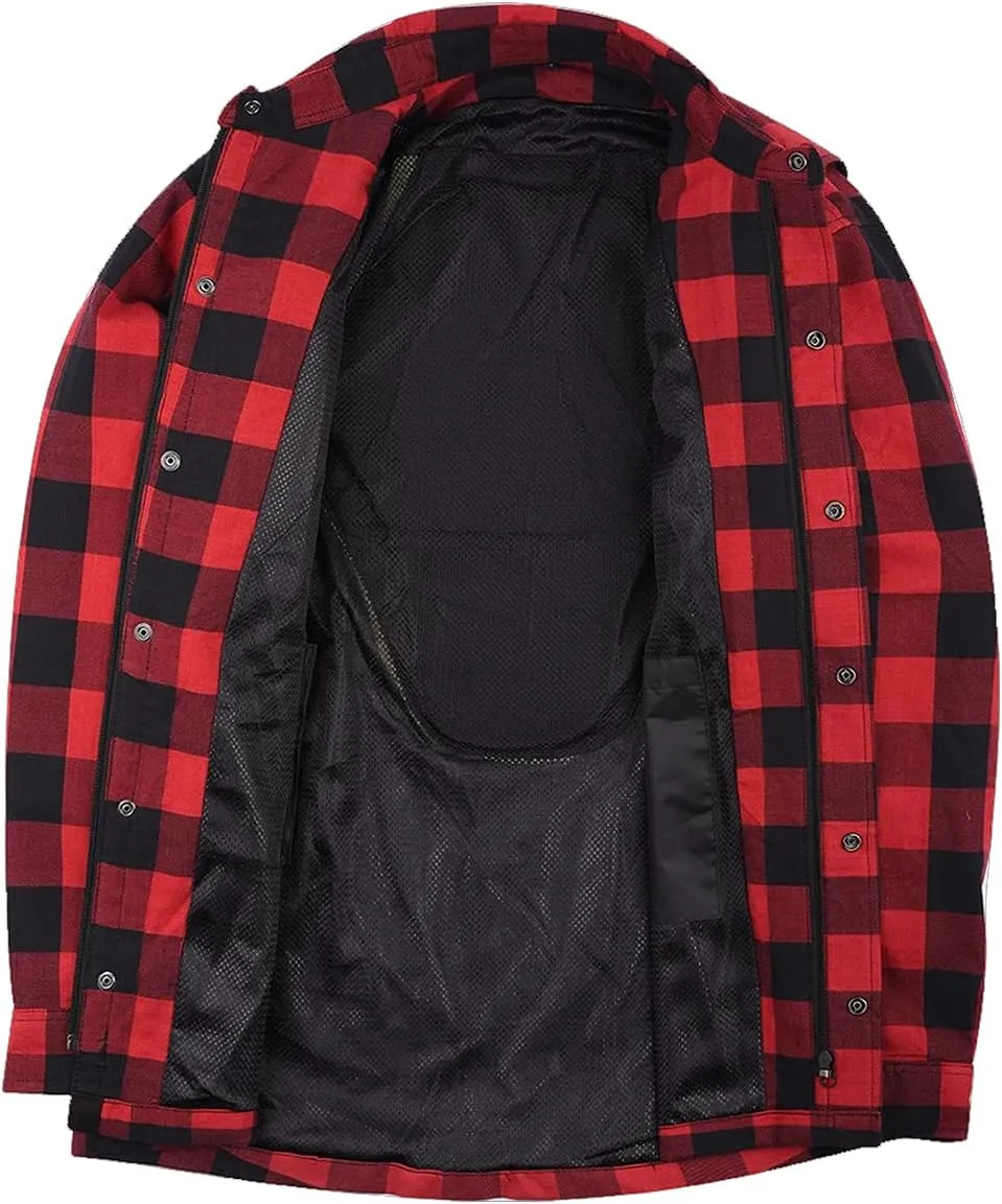 Mens Armored Checkered Flannel Biker Shirt, Multiple Waterproof Storage Pockets CE Approved Armor Reinforced Water Resistant