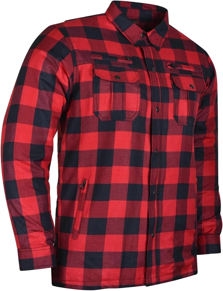 Mens Armored Checkered Flannel Biker Shirt, Multiple Waterproof Storage Pockets CE Approved Armor Reinforced Water Resistant