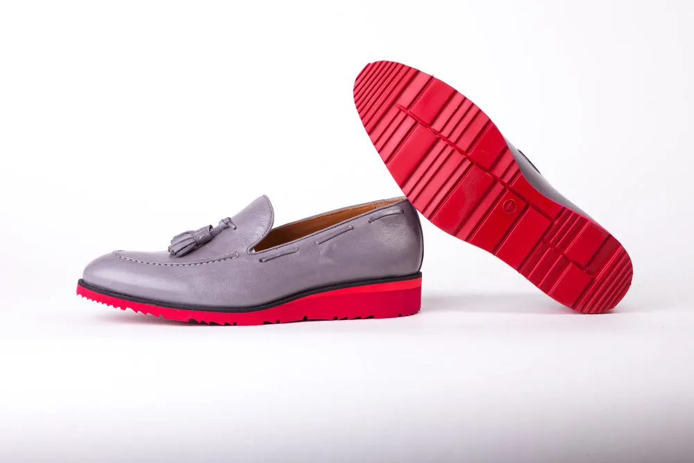 Men's Grey & Black Accented Tassel Loafer with Red Wedge Sole (EX-168)