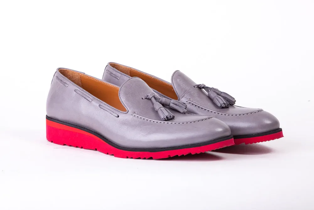 Men's Grey & Black Accented Tassel Loafer with Red Wedge Sole (EX-168)
