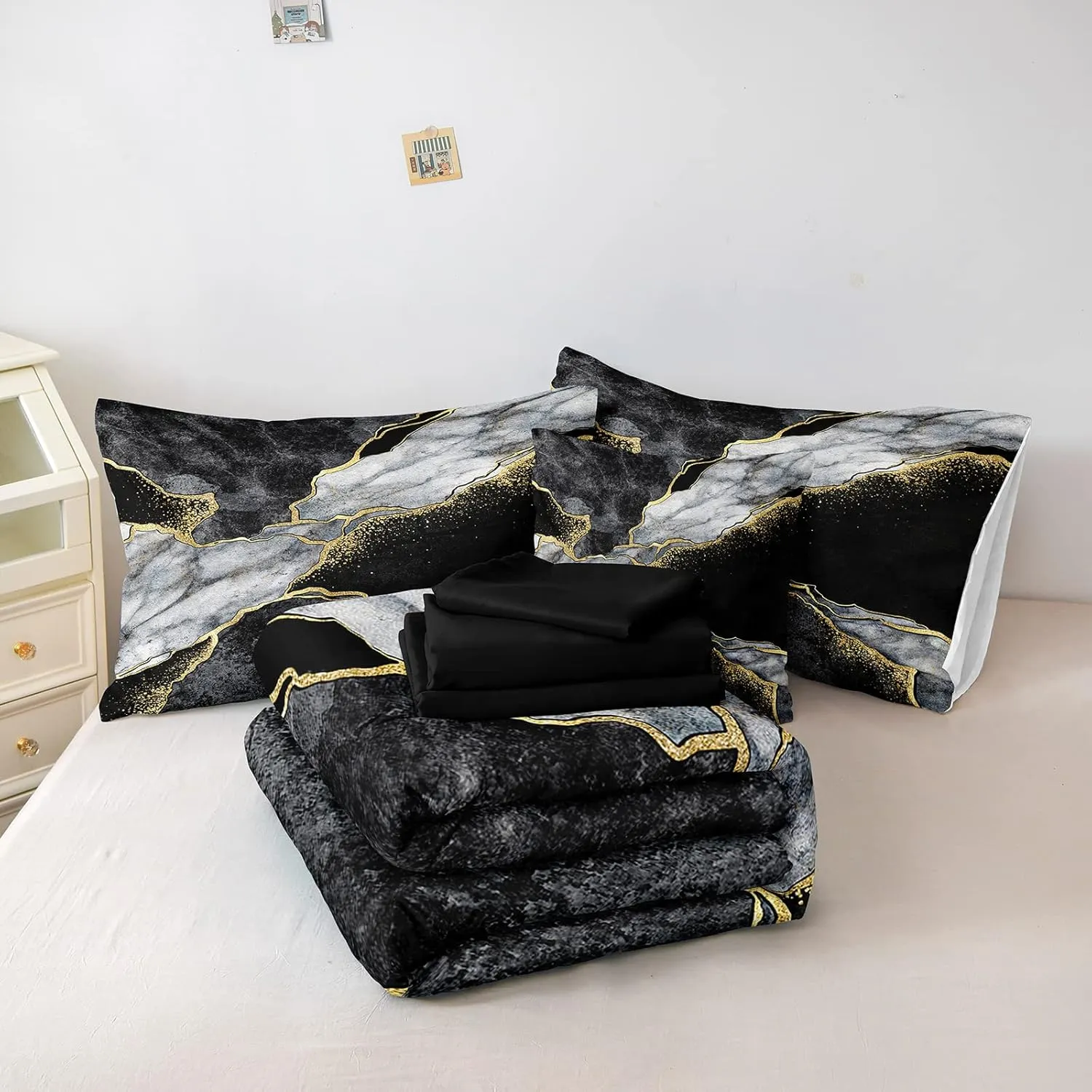 Merryword Black Marble Comforter Set California King 8 Pieces Bed in a Bag Gold Metallic Marble Design Bedding with 1 Comforter, 4 Pillowcase, 1 Flat Sheet, 1 Fitted Sheet, 1 Cushion Cover