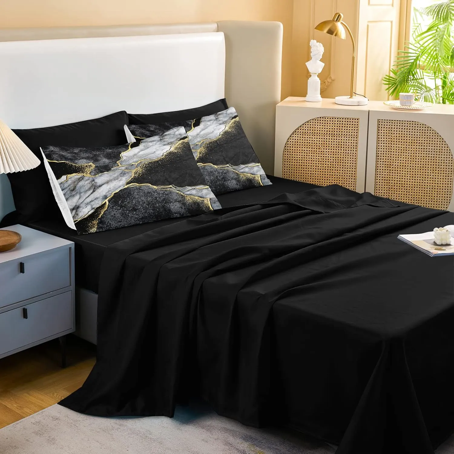Merryword Black Marble Comforter Set California King 8 Pieces Bed in a Bag Gold Metallic Marble Design Bedding with 1 Comforter, 4 Pillowcase, 1 Flat Sheet, 1 Fitted Sheet, 1 Cushion Cover