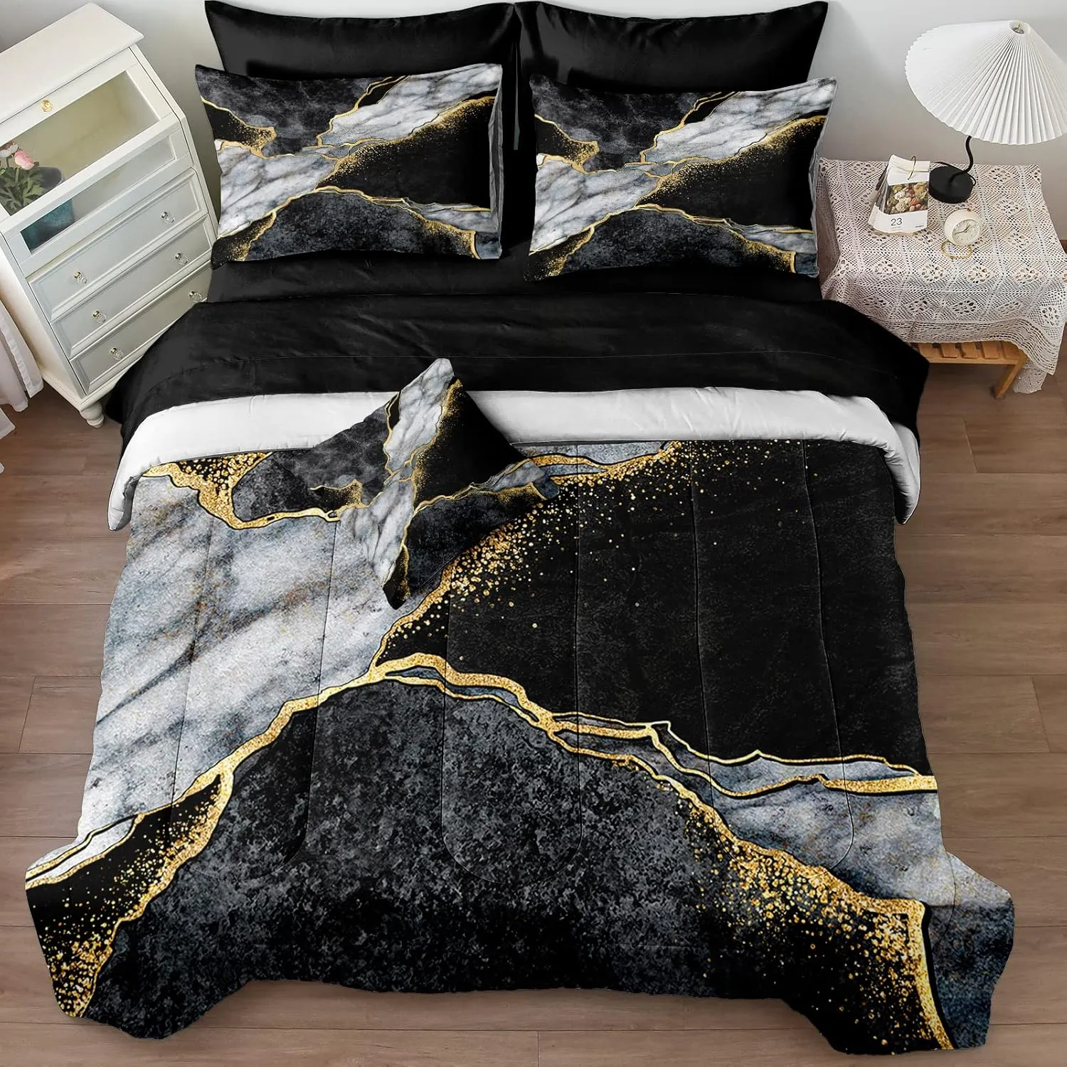 Merryword Black Marble Comforter Set California King 8 Pieces Bed in a Bag Gold Metallic Marble Design Bedding with 1 Comforter, 4 Pillowcase, 1 Flat Sheet, 1 Fitted Sheet, 1 Cushion Cover