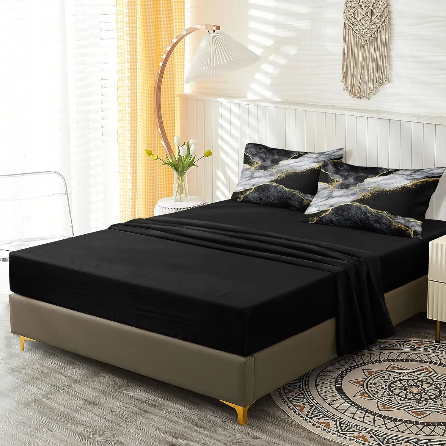 Merryword Black Marble Comforter Set California King 8 Pieces Bed in a Bag Gold Metallic Marble Design Bedding with 1 Comforter, 4 Pillowcase, 1 Flat Sheet, 1 Fitted Sheet, 1 Cushion Cover