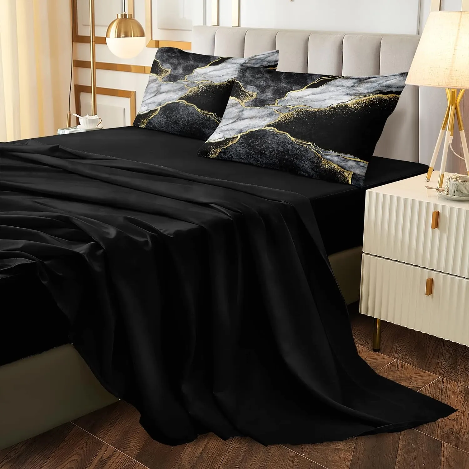Merryword Black Marble Comforter Set California King 8 Pieces Bed in a Bag Gold Metallic Marble Design Bedding with 1 Comforter, 4 Pillowcase, 1 Flat Sheet, 1 Fitted Sheet, 1 Cushion Cover