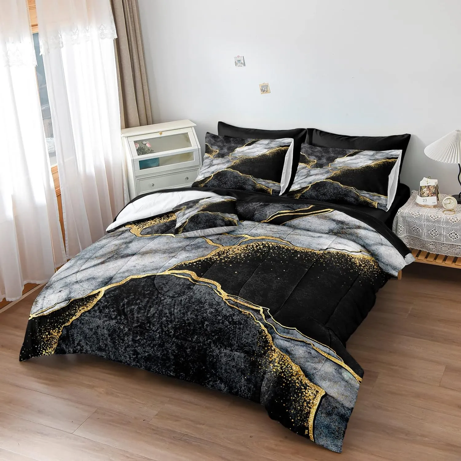 Merryword Black Marble Comforter Set California King 8 Pieces Bed in a Bag Gold Metallic Marble Design Bedding with 1 Comforter, 4 Pillowcase, 1 Flat Sheet, 1 Fitted Sheet, 1 Cushion Cover