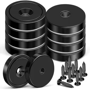 MIKEDE 10 Pack Strong Magnets Heavy Duty, Neodymium Cup Magnets with Countersunk Hole, Stainless Screw for Wall Mounting, Rare Earth Magnets Black Round Base Disc Magnet 1.4" D x 0.27" H
