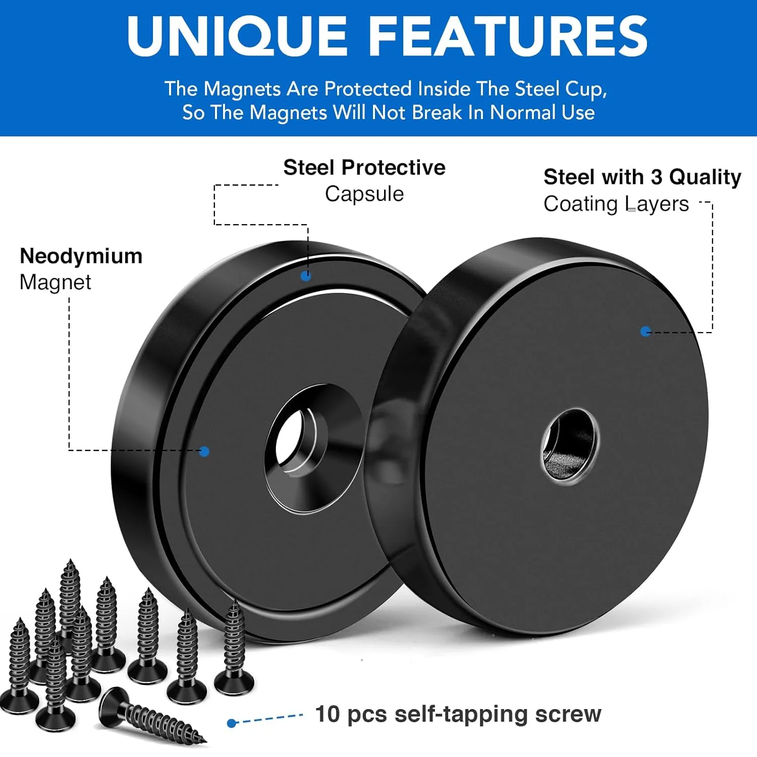 MIKEDE 10 Pack Strong Magnets Heavy Duty, Neodymium Cup Magnets with Countersunk Hole, Stainless Screw for Wall Mounting, Rare Earth Magnets Black Round Base Disc Magnet 1.4" D x 0.27" H